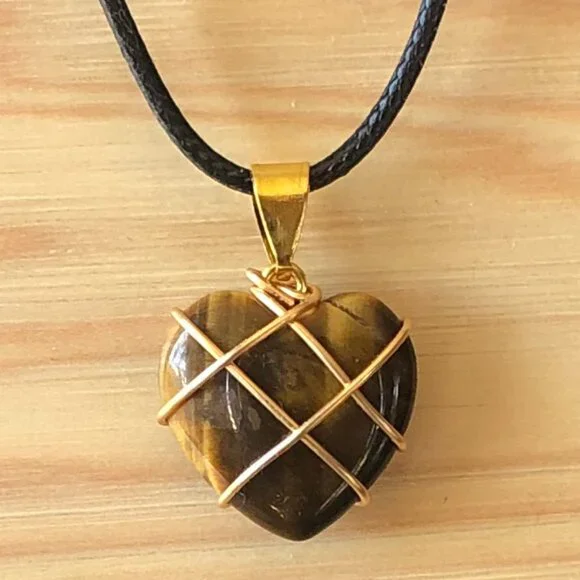 Tiger Eye Heart Natural Gemstone Gold Wire Winded Pendant Necklace - Picture 1 of 4